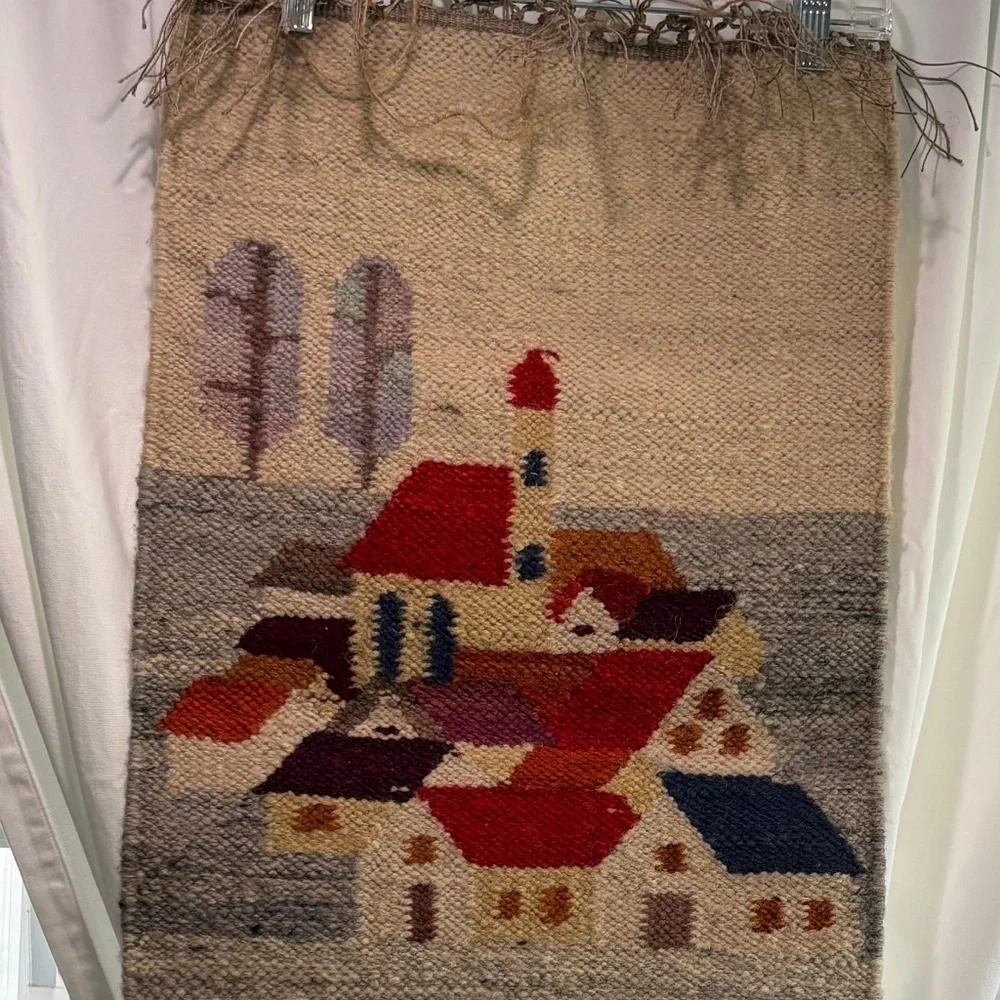 Vintage 1970s Polish Kilim Wool Scandinavian Village Cepelia Tapestry